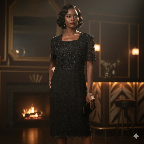 Vintage Dresses & Skirts - VTG B2 & US Beaded Silk Dress Sz M Black Sequin Cocktail‎ Glam Repair AS IS